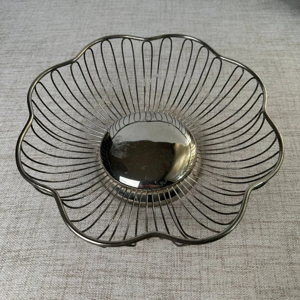 Vintage Godinger Silver Plate Wire Basket Scalloped Flower Bread Fruit Bowl